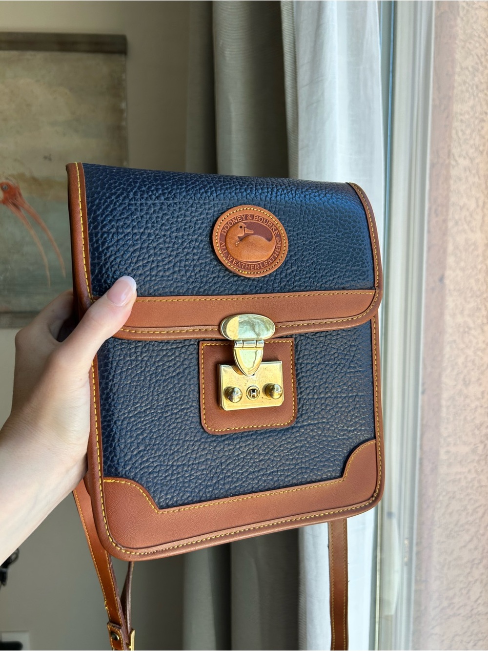 Vintage Dooney & Bourke All-Weather Leather Surrey Messenger Bag - Navy Blue
